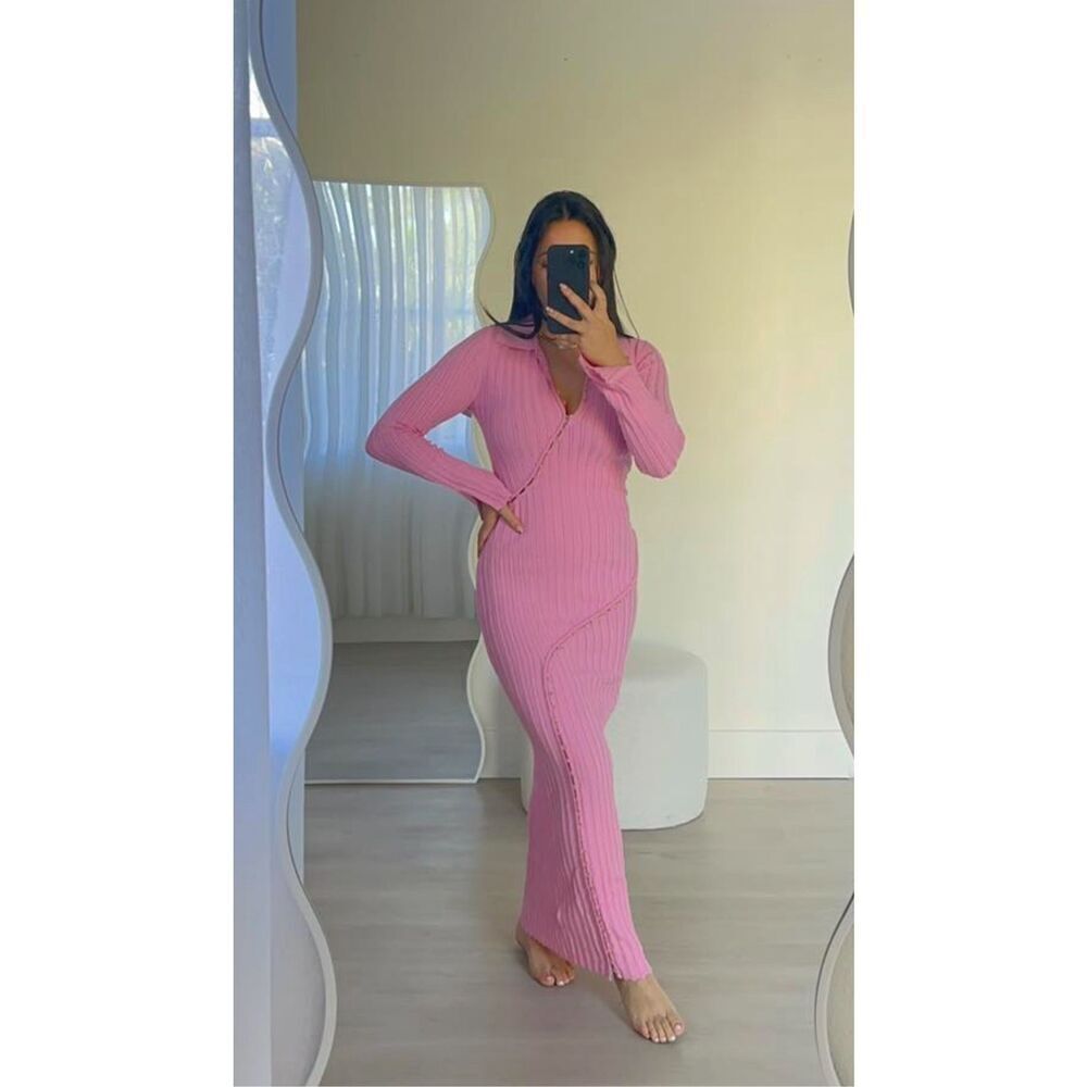 SOVERE Facet Knit Maxi Dress in Musk -Side front hem split size S NWT218 - Picture 2 of 9